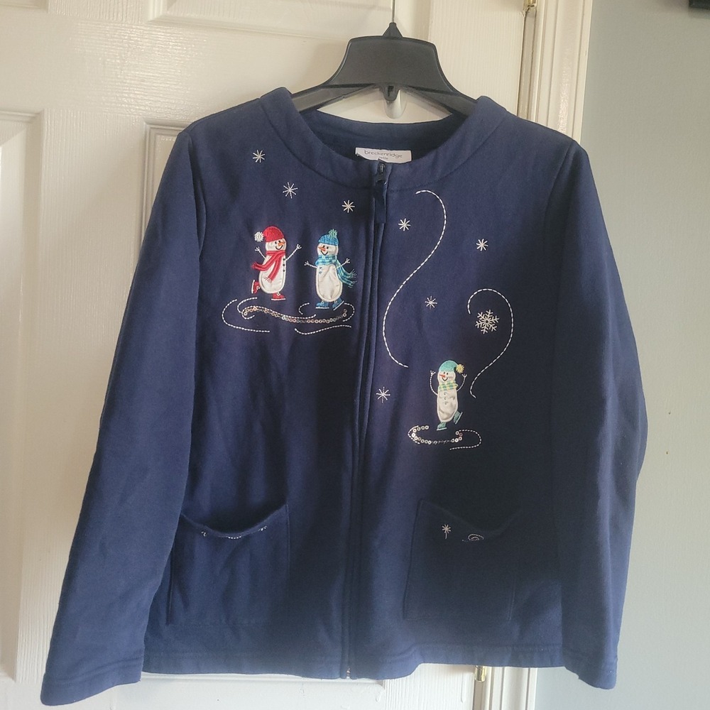Breckenridge Christmas Womens Sweater Jacket PXL XL Snowmen Applique Embroidered